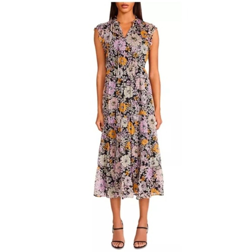BB Dakota Steve Madden Otange Blossom Floral Midi Dress Black‎ Pink Yellow XL
